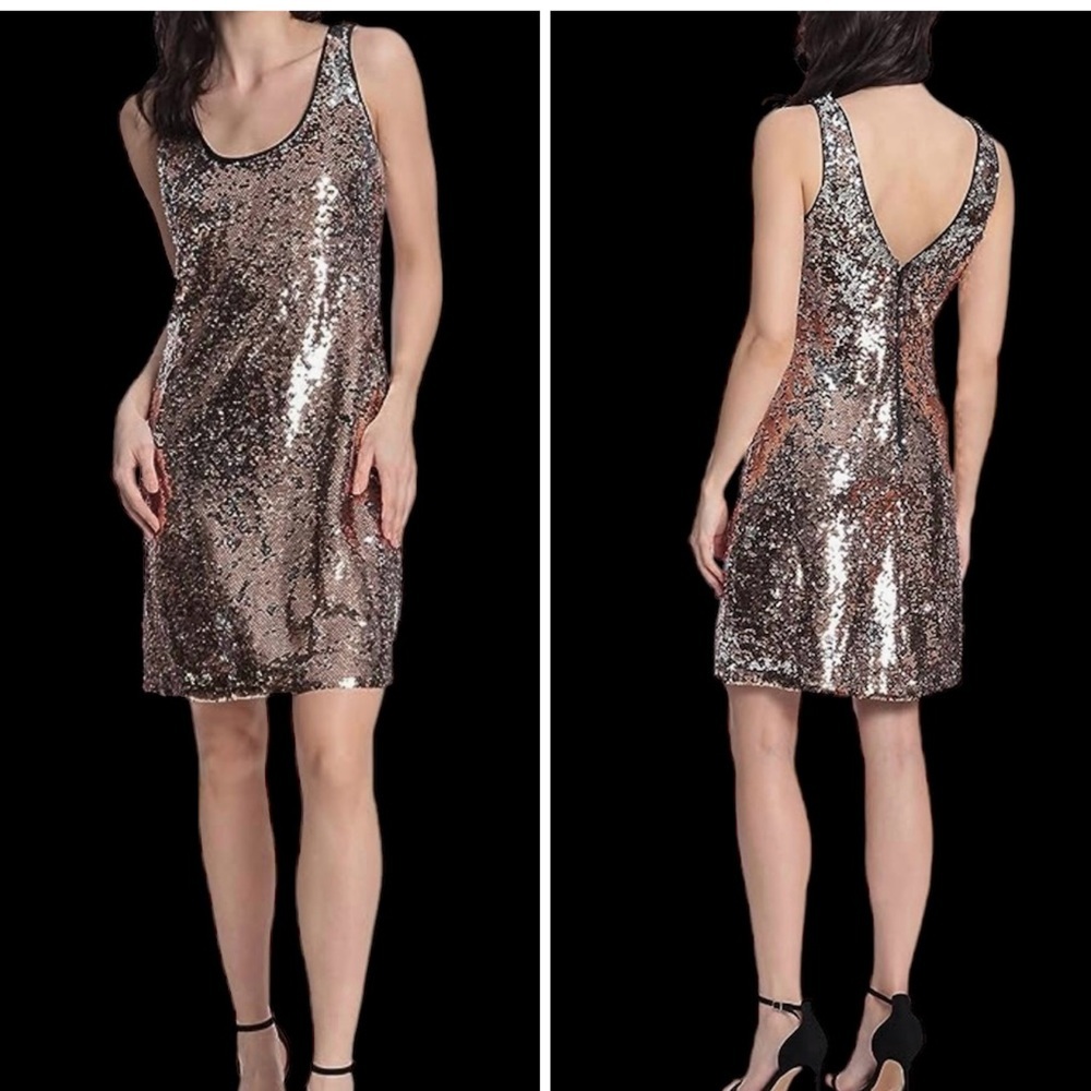 Donna Morgan Sequin Shift Dress Round Neck & V Back Black Zipper Close Size 6 - Picture 3 of 8